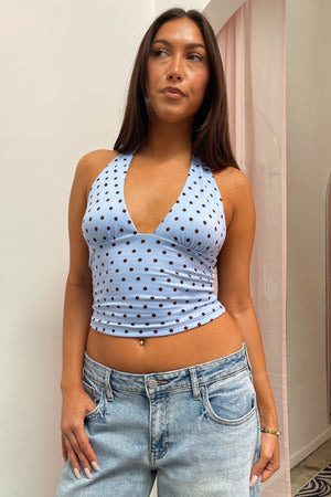 Mon Coeur Blue with Brown Polka Dot Halter Tank Top