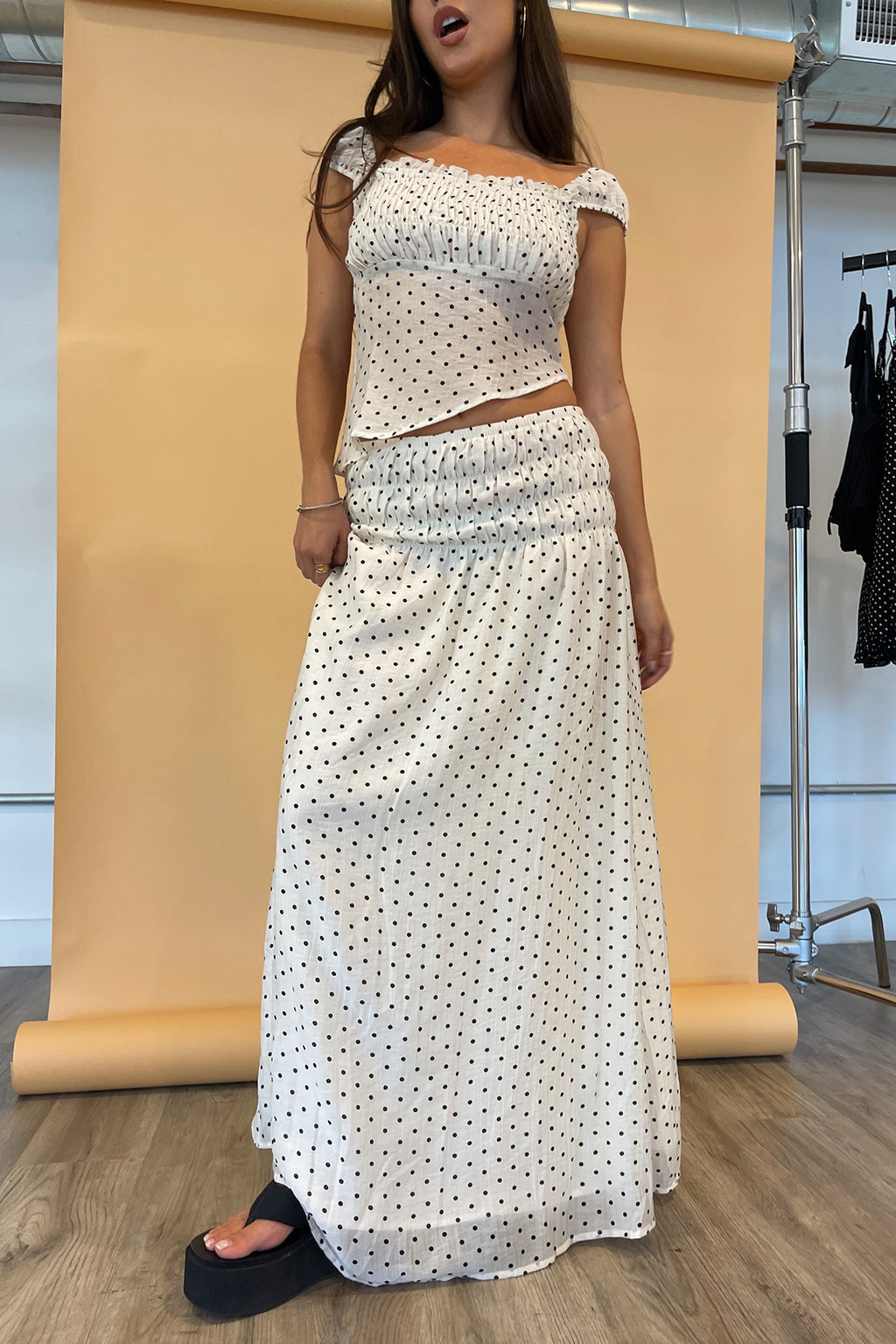 Champs-Élysées Cream with Black Polka Dot Maxi Skirt