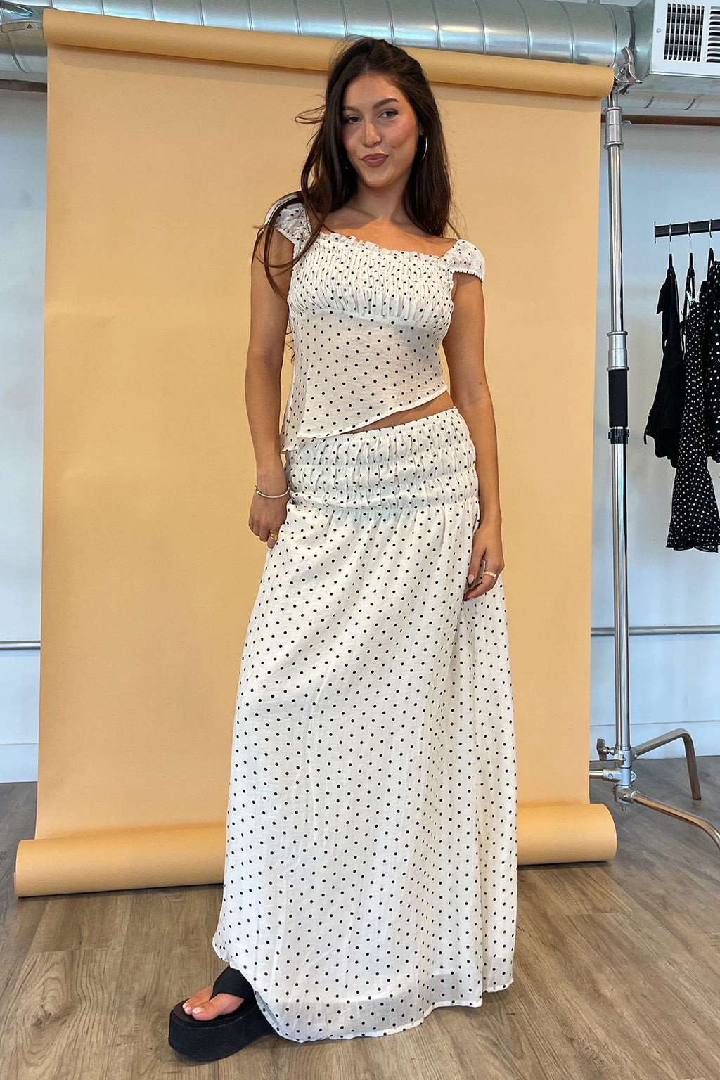 Champs-Élysées Cream with Black Polka Dot Maxi Skirt