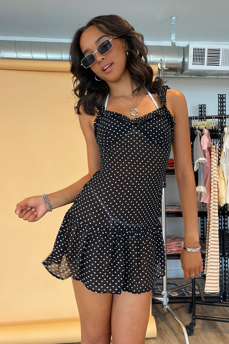 Valentina Black with White Polka Dot Mesh Mini Dress