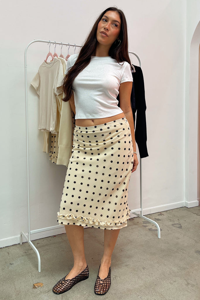 Rhea Cream with Black Polka Dot Ruffle Midi Skirt