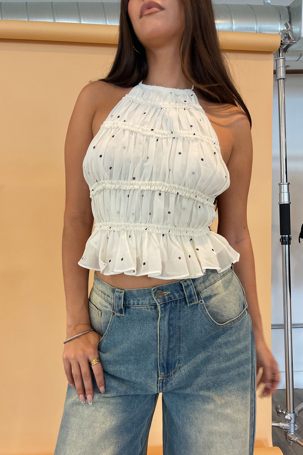 Cara Cream Polka Dot Backless Tie Halter Top