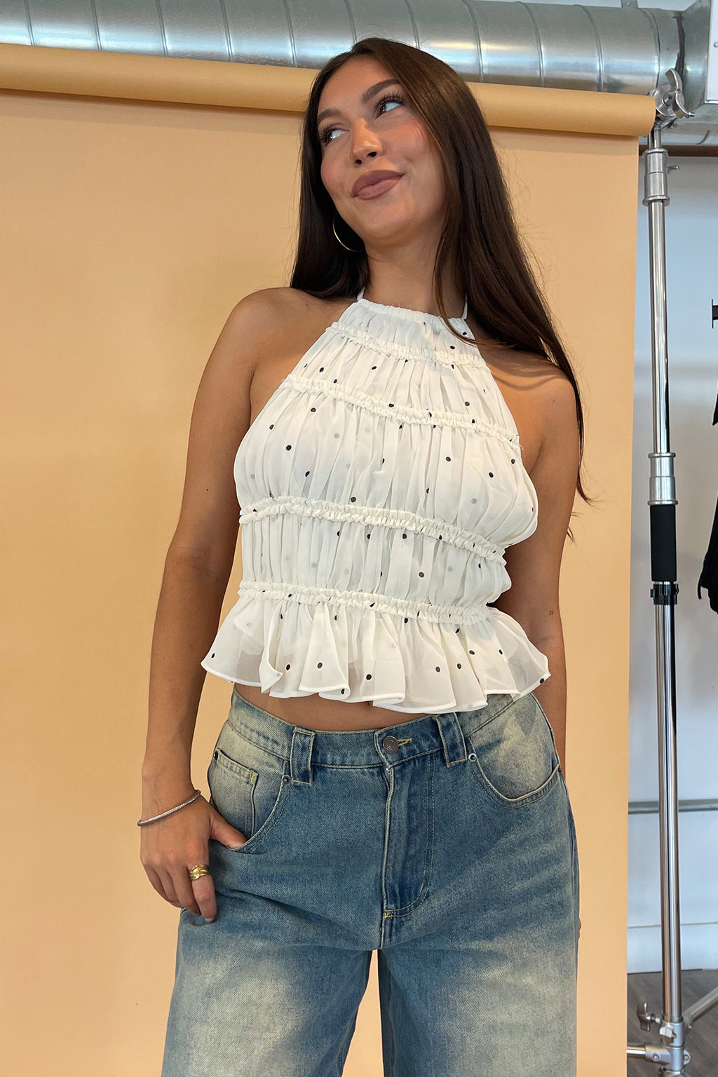 Cara Cream Polka Dot Backless Tie Halter Top