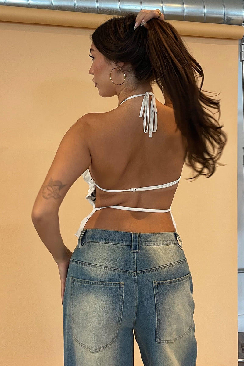 Cara Cream Polka Dot Backless Tie Halter Top