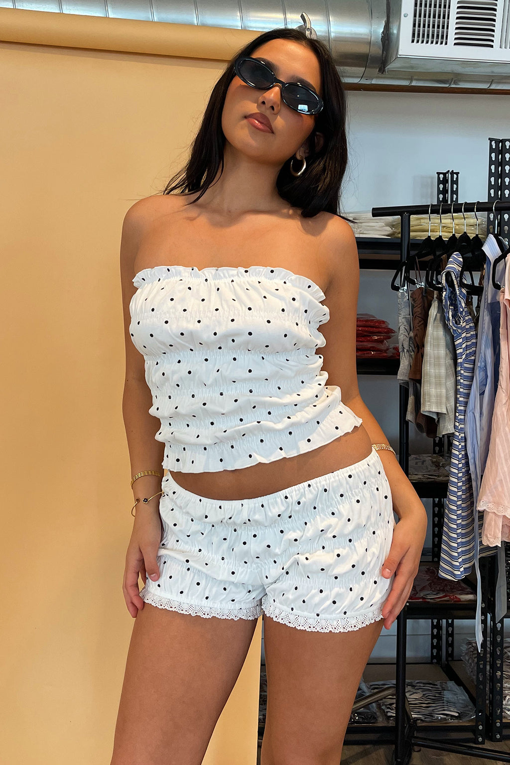 Dottie White with Black Polka Dot Smocked Mini Shorts