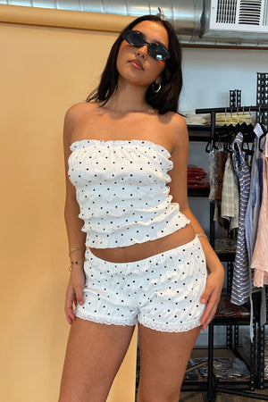 Dottie White with Black Polka Dot Smocked Mini Shorts
