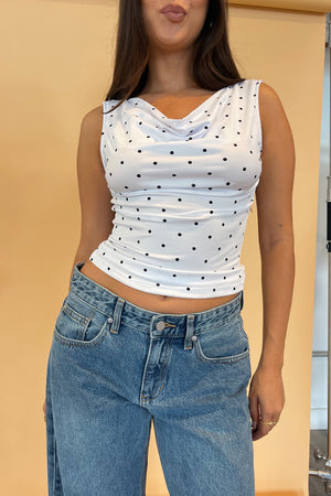 Jane White with Black Polka Dot Cowl Neck Tank Top