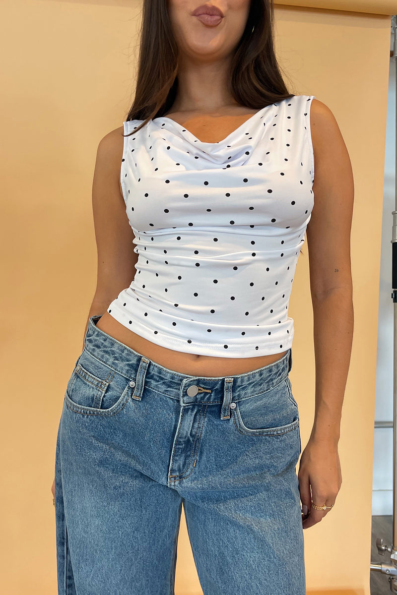 Jane White with Black Polka Dot Cowl Neck Tank Top