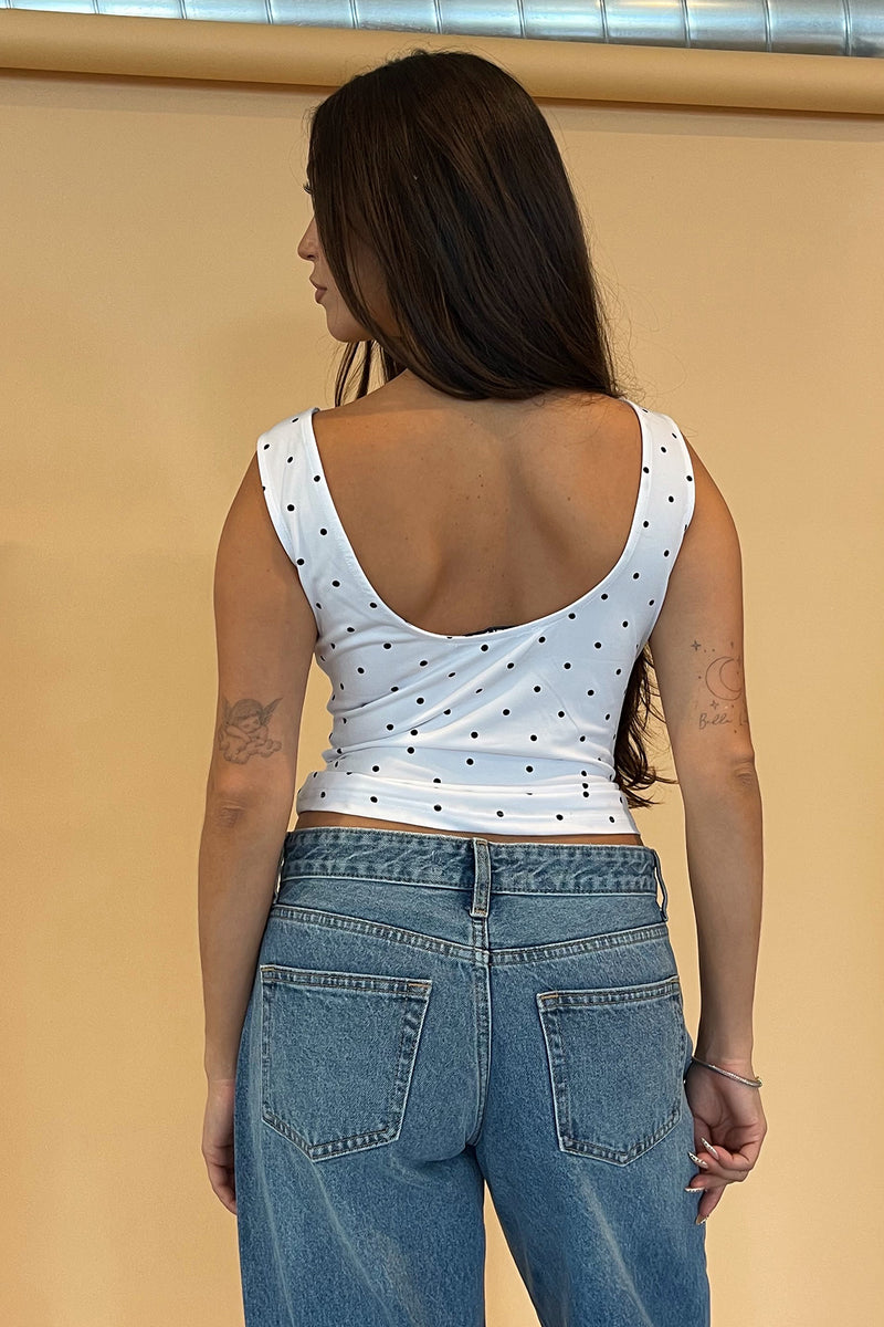 Jane White with Black Polka Dot Cowl Neck Tank Top