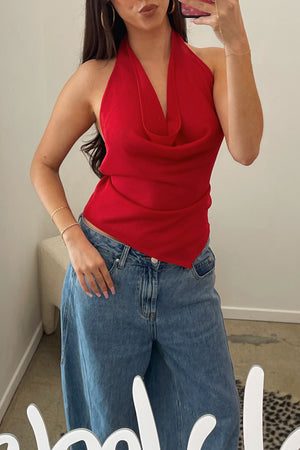 Rumor Has It Red Knit Cowl Neck Top