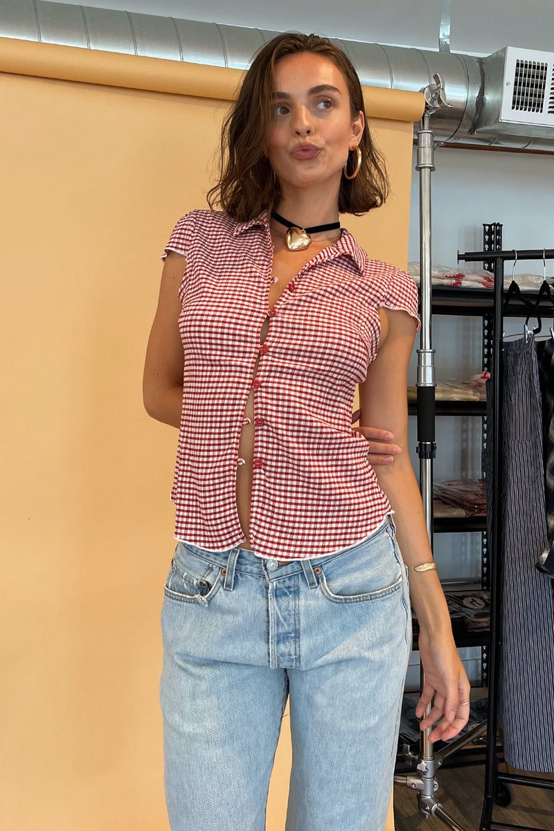 Hannah Red Gingham Cap Sleeve Button Up Top