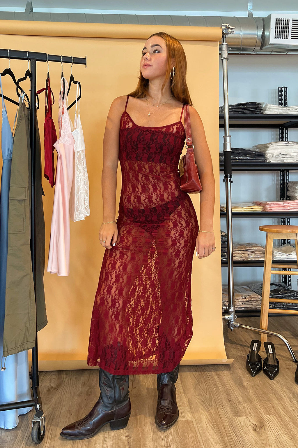 Red Wine Burgundy Lace Maxi Dress
