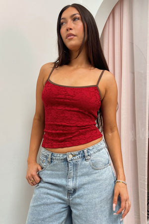 In Love Red Lace with Contrast Brown Trim Tank Top