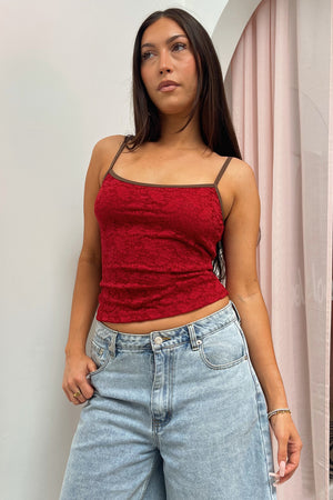 In Love Red Lace with Contrast Brown Trim Tank Top