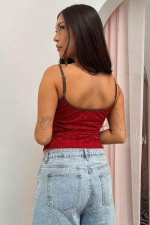 In Love Red Lace with Contrast Brown Trim Tank Top