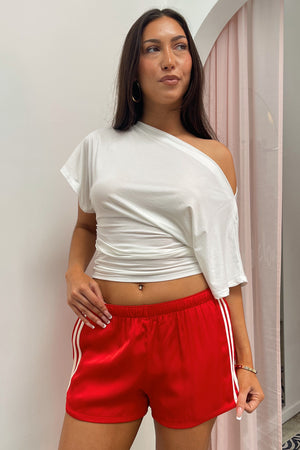 Sidelines Red with Cream Side Stripe Satin Shorts