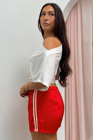 Sidelines Red with Cream Side Stripe Satin Shorts
