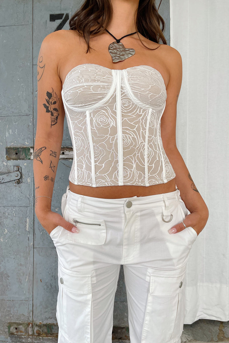 Any Other Name Cream Rose Print Mesh Strapless Corset Top