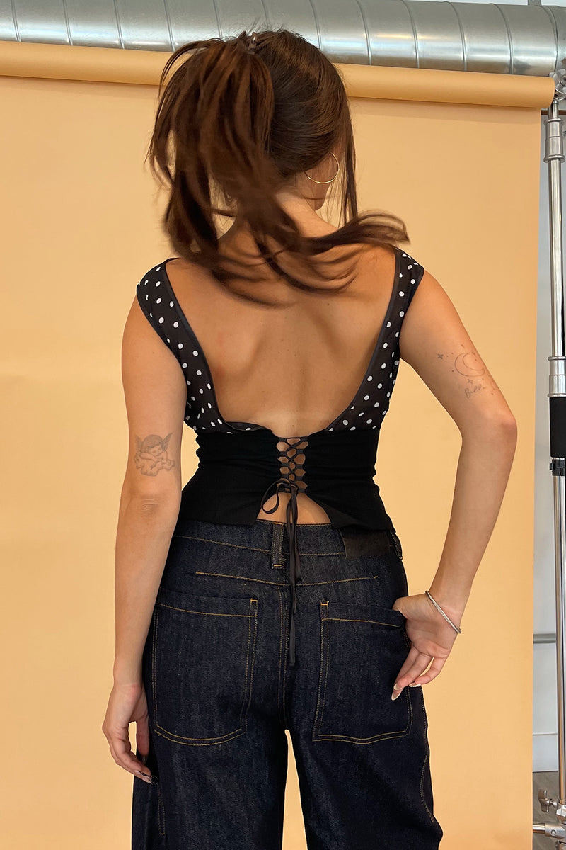 Dahlia Black with White Polka Dot Sheer Top