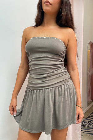 Coastline Light Olive with Shell Button Detail Strapless Mini Dress