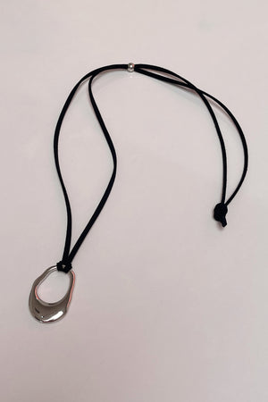 Silver Irregular Oval with Black Cord Necklace