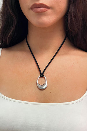 Silver Irregular Oval with Black Cord Necklace