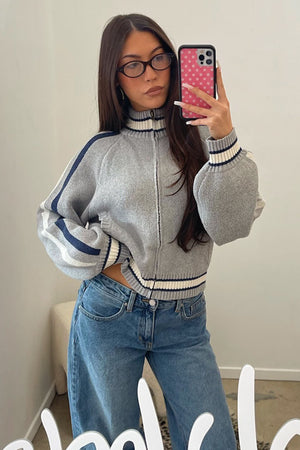 Star Factor Light Grey with Blue and Cream Stripe Zip Up Sweater