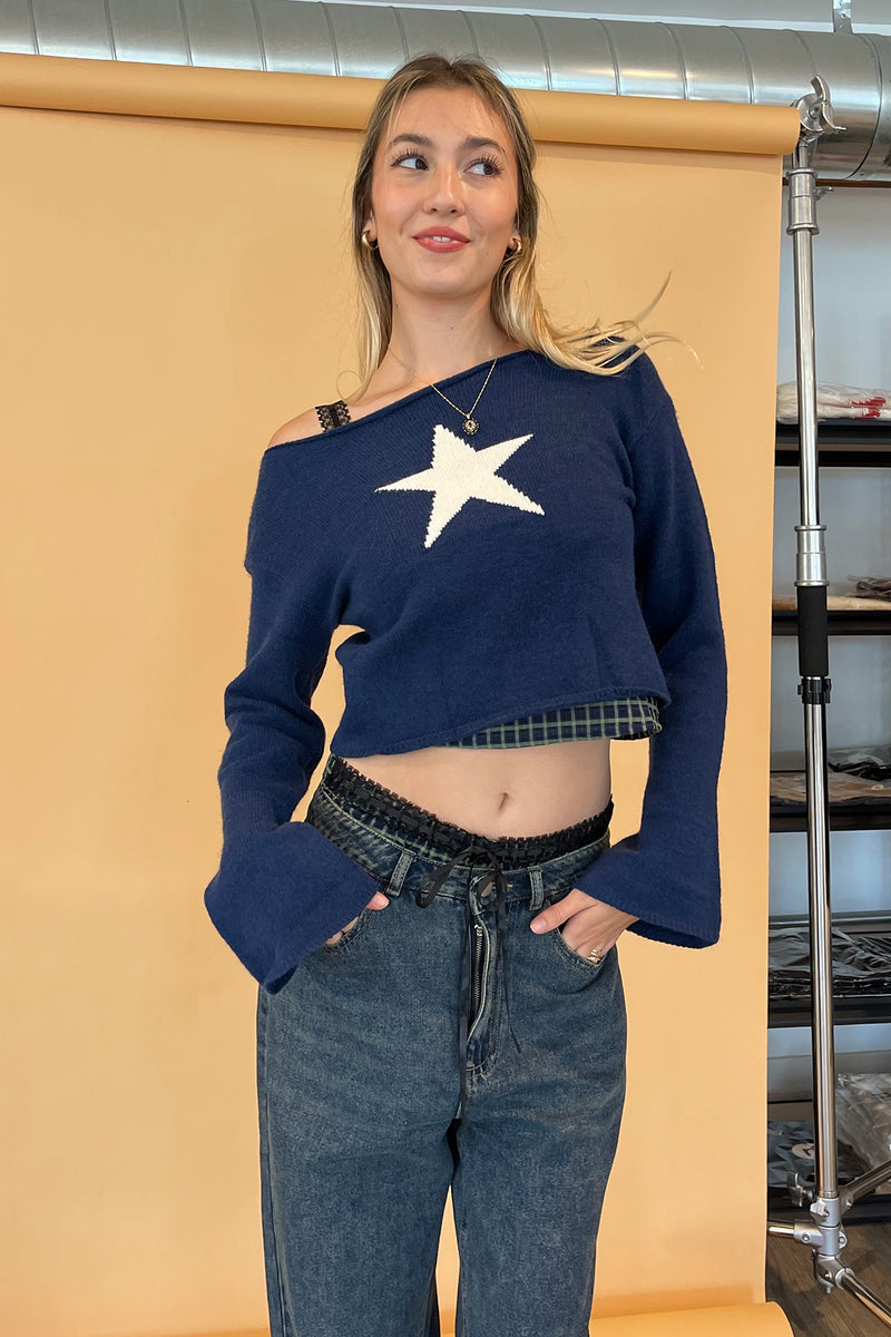 Star Girl Navy with Cream Star Crop Sweater