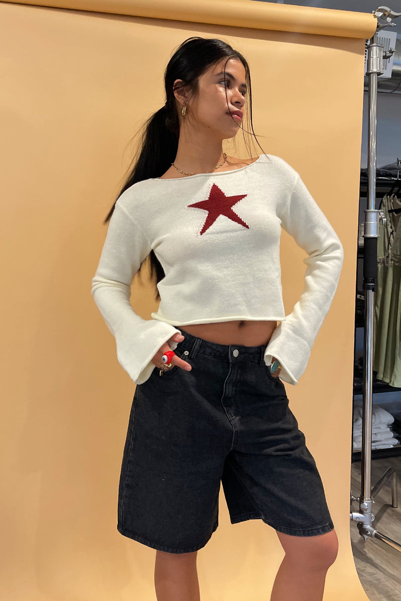 Star Girl Cream with Red Star Crop Sweater