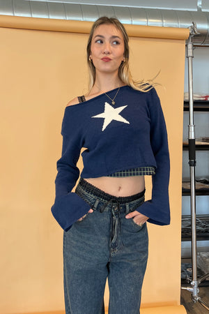 Star Girl Navy with Cream Star Crop Sweater