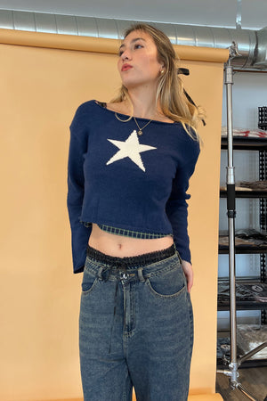 Star Girl Navy with Cream Star Crop Sweater