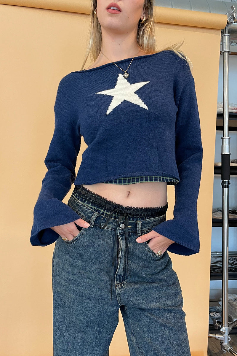 Star Girl Navy with Cream Star Crop Sweater