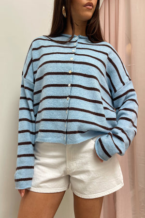 Blythe Blue with Brown Stripe Button Up Cardigan