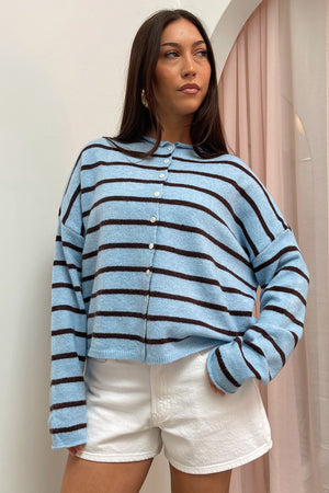 Blythe Blue with Brown Stripe Button Up Cardigan