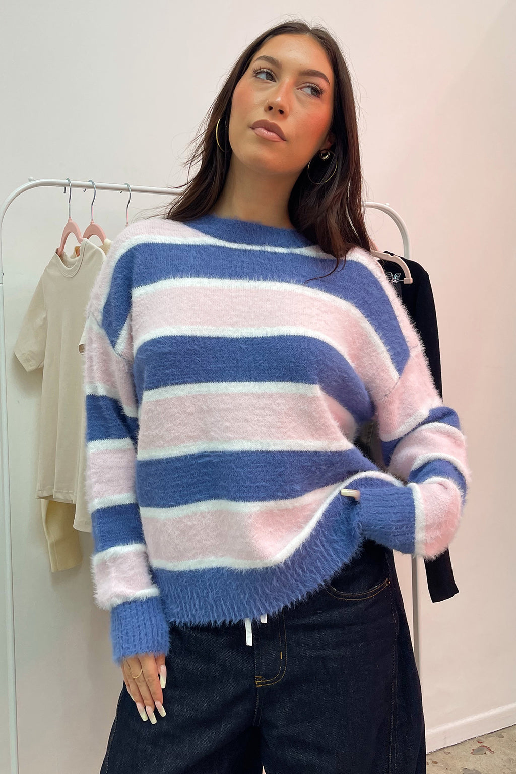 Keaton Pink and Blue Stripe Fuzzy Sweater
