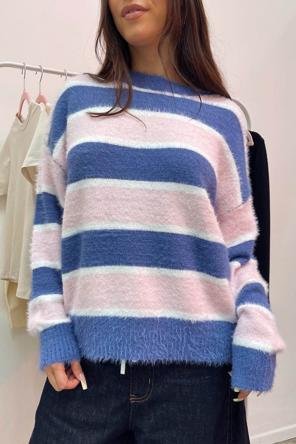 Keaton Pink and Blue Stripe Fuzzy Sweater