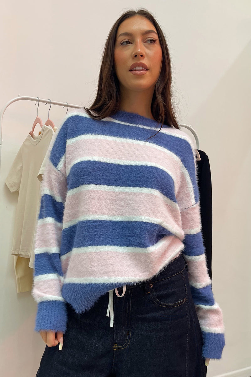 Keaton Pink and Blue Stripe Fuzzy Sweater
