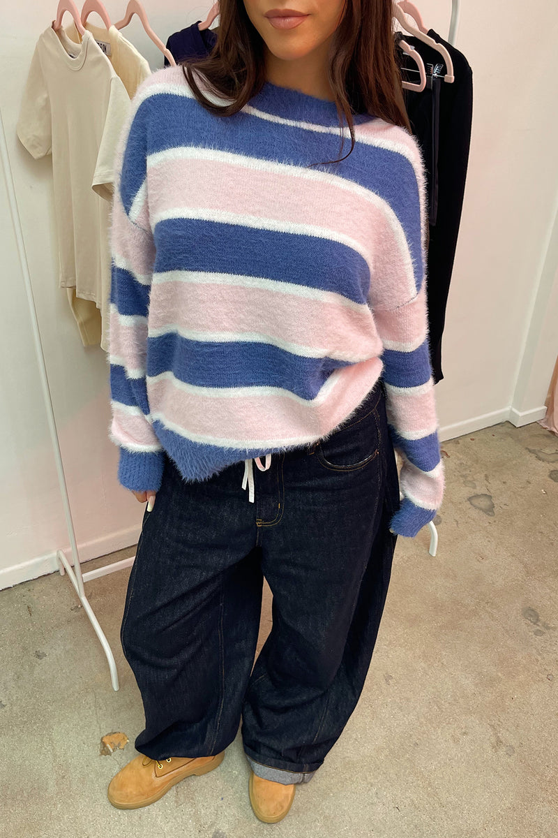 Keaton Pink and Blue Stripe Fuzzy Sweater