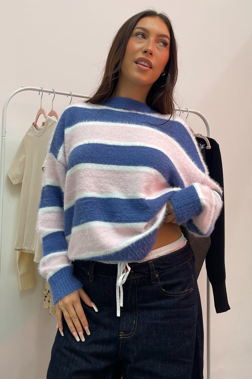 Keaton Pink and Blue Stripe Fuzzy Sweater