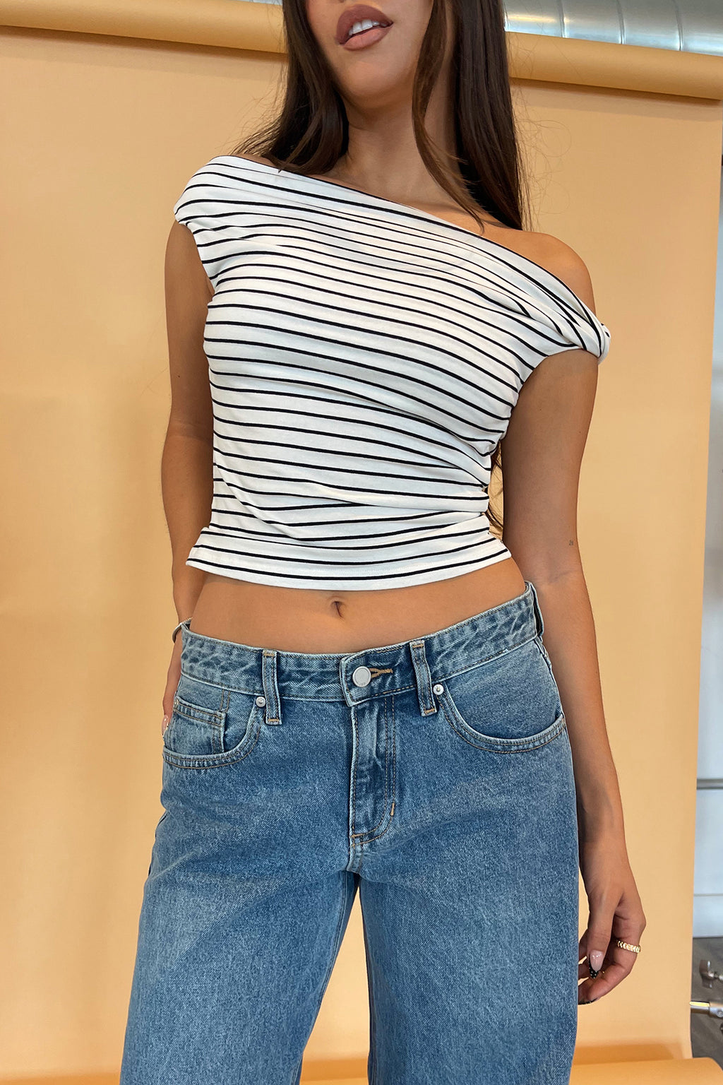 Juliet Off White with Black Stripe Asymmetrical Top