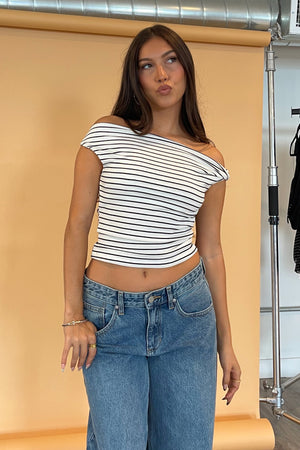 Juliet Off White with Black Stripe Asymmetrical Top