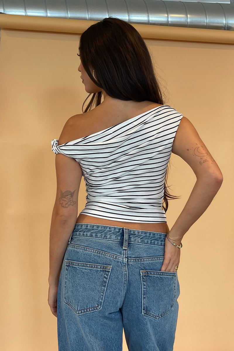 Juliet Off White with Black Stripe Asymmetrical Top