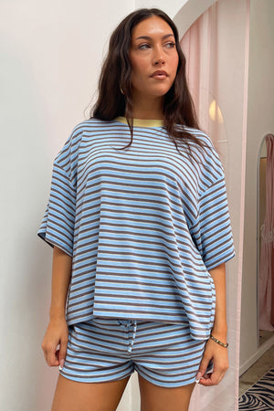 Let It Be Light Blue with Multi Colored Stripe Tee