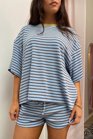 Let It Be Light Blue with Multi Colored Stripe Tee