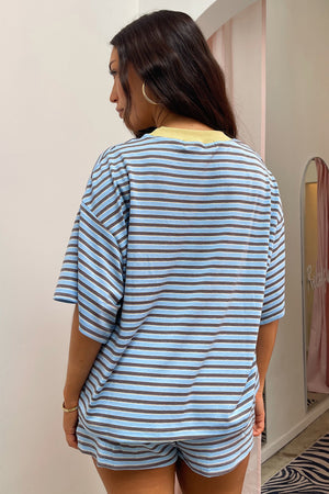 Let It Be Light Blue with Multi Colored Stripe Tee