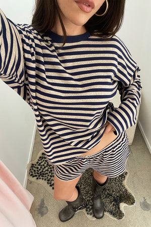 Lane Change Oatmeal and Navy Stripe Long Sleeve Top