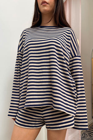 Lane Change Oatmeal and Navy Stripe Long Sleeve Top