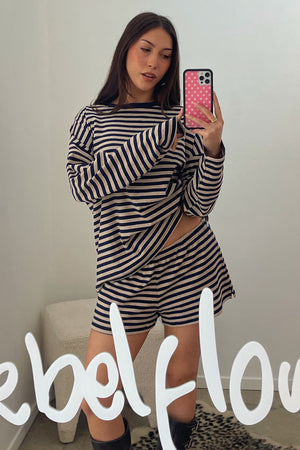 Lane Change Oatmeal and Navy Stripe Long Sleeve Top