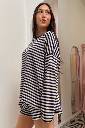 Lane Change Oatmeal and Navy Stripe Long Sleeve Top