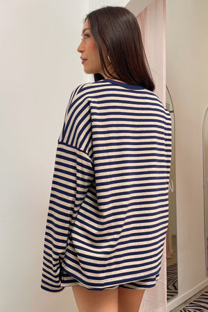Lane Change Oatmeal and Navy Stripe Long Sleeve Top